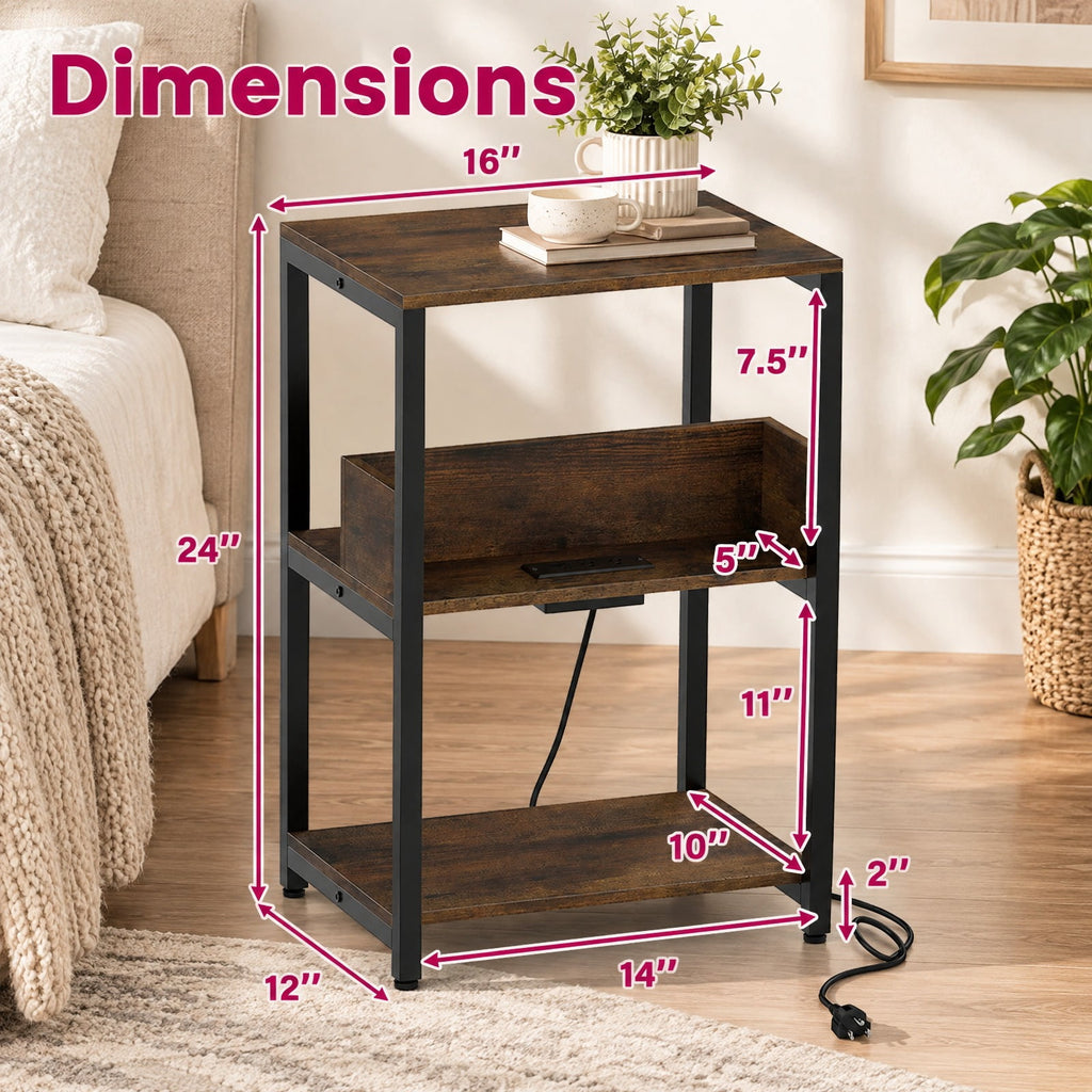 Airfind Side End Table with Charging Station and Open Shelves, 66 lbs Capacity, Engineered Wood Metal Frame, 16 x 12 x 24 Footprint, Brown
