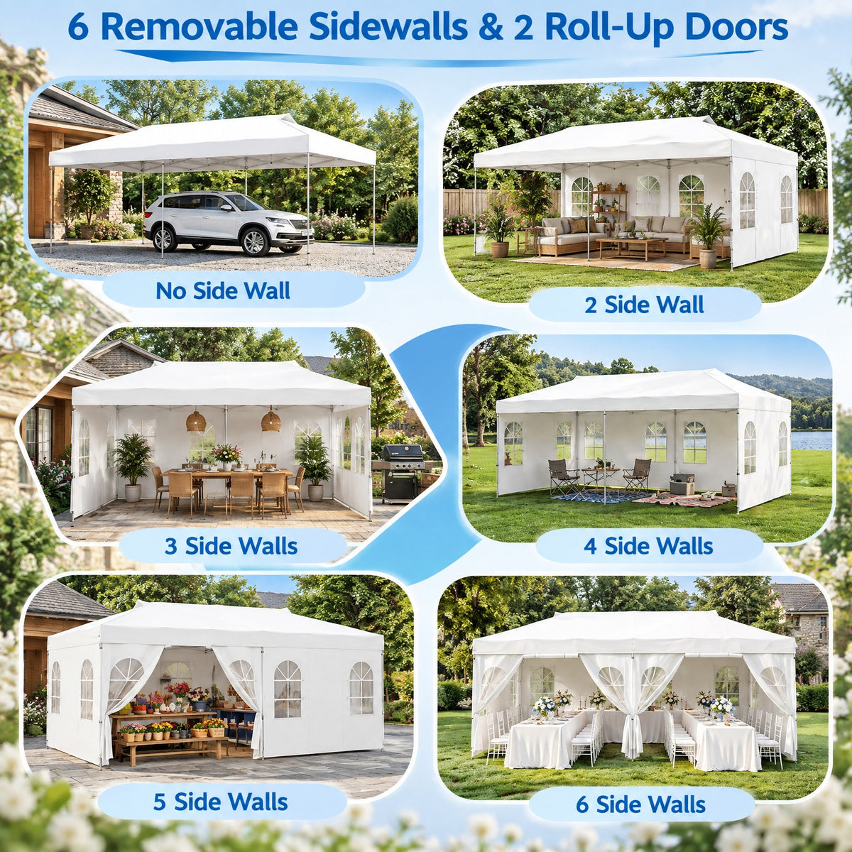 Airfind 10 x 20 FT Pop Up Canopy Tent with 6 Sidewalls and Adjustable Height, PE Metal Fabric Frame, 20 x 10 x 8.5/8.2/7.9 ft Footprint, White