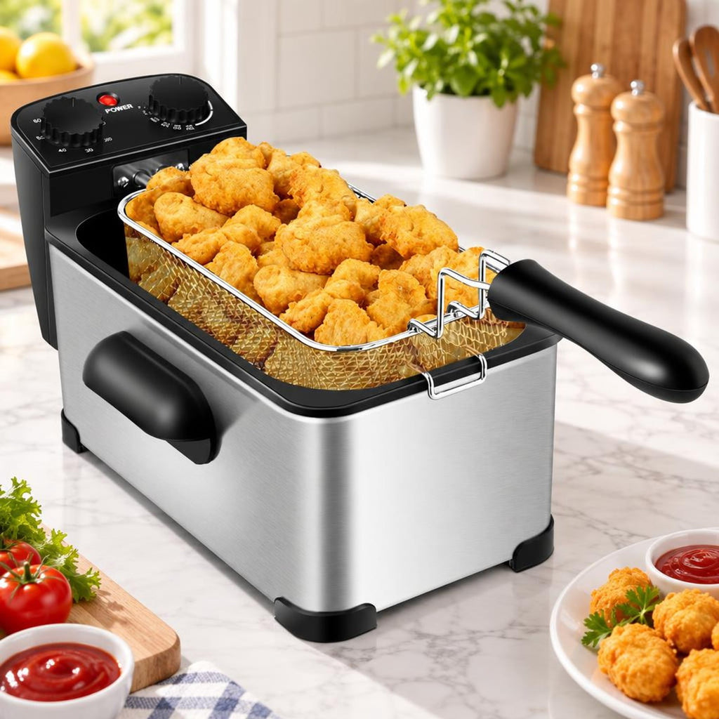 Airfind 3.2 Quart Electric Stainless Steel Deep Fryer featuring Timer, Stainless Steel Iron Frame, 21.5 Inch x 9.5 Inch x 8.5 Inch Footprint, Silver