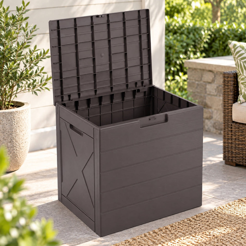 Airfind 25 Gallon Storage Bin with Lid Carry Handles and Lock Hole for Patio Furniture Accessories, 110 lbs Capacity, PP Frame, Brown