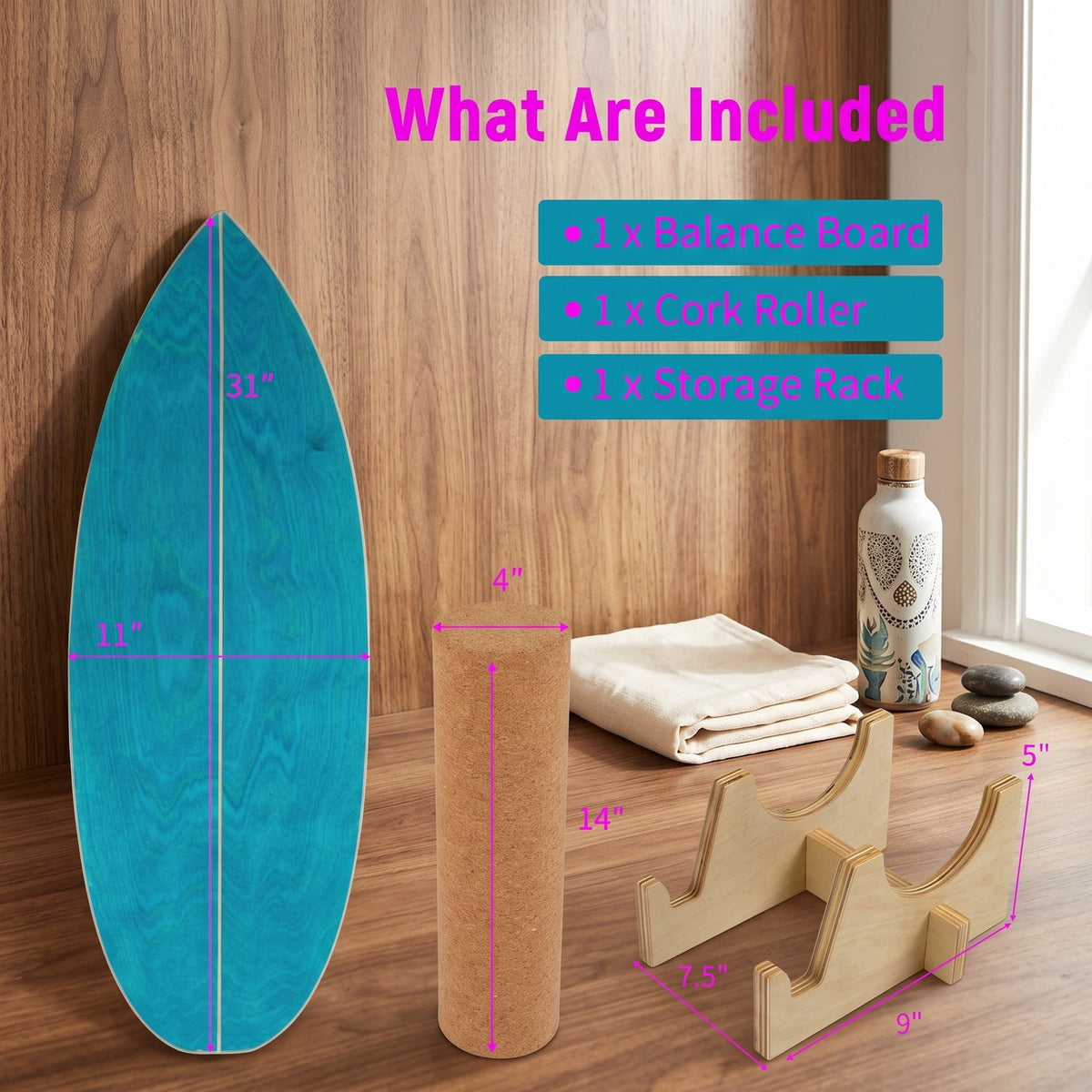 Airfind Wooden Balance Board with Cork Roller and Storage Rack, 11-Ply Birch Wood Balance Trainer for Core Strength Coordination, Indoor Outdoor Sports Exercise, Blue