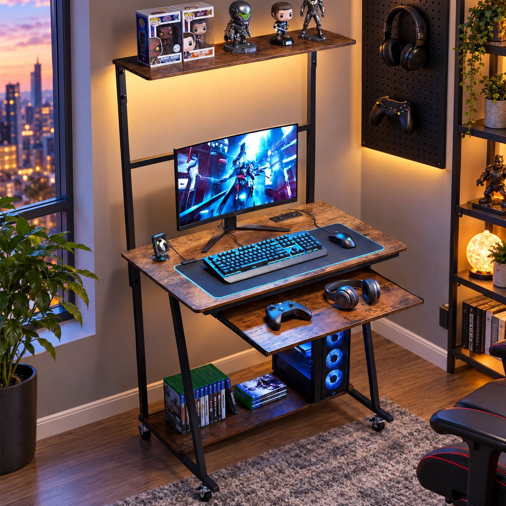 Airfind Small Computer Desk with Charging Station and LED Lights and Wheels, 165 lbs Capacity, Metal Engineered Wood Frame, Brown