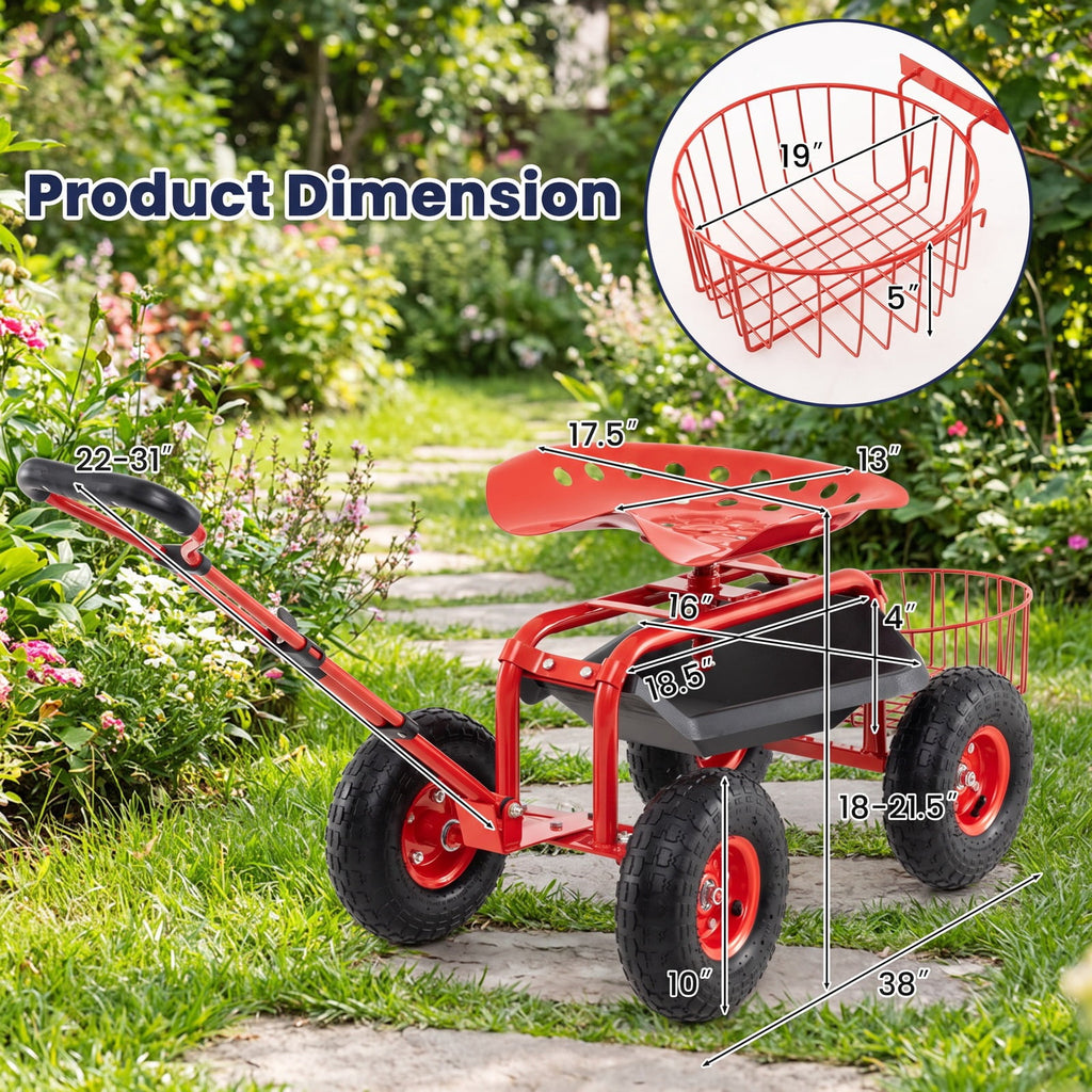 Airfind Heavy Duty Garden Cart with Tool Tray and 360 Swivel Seat, 330 lbs Capacity, Steel Rubber Plastic Frame, 38 x 17 x Footprint, Red