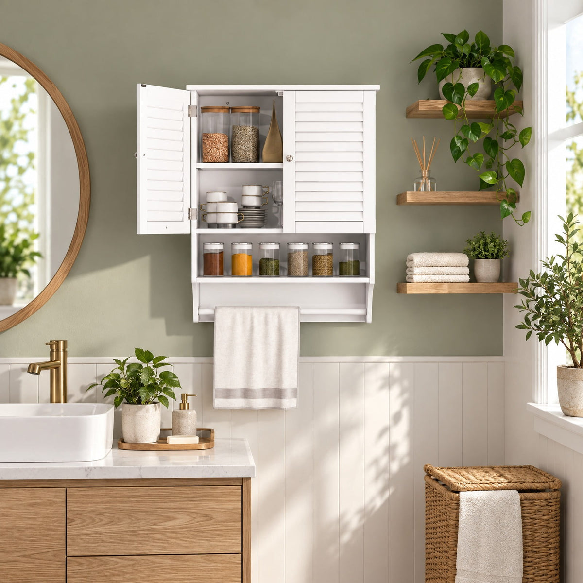 Airfind 2-Doors Bathroom Wall-Mounted Medicine Cabinet with Towel Bar, White, Bottom towel rod for extra storage choice