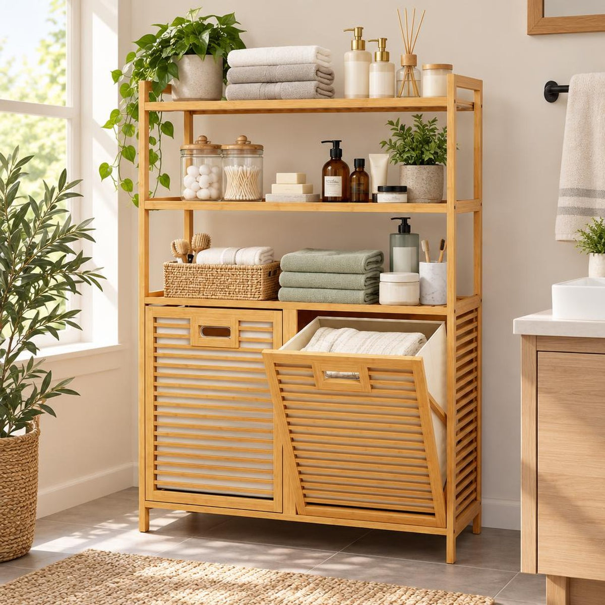 Airfind Double Tilt Out Laundry Hamper with 3 Shelves and 2 Removable Baskets for Dirty Clothes, 220 lbs Capacity, 32in x 12in x 44in Laundry Footprint