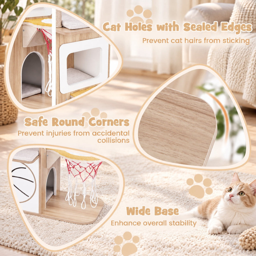 Airfind 47 Inches Wooden Cat Tree with 2-Story Cat Condo and Basketball Hoop Hammock, 31in x 15in x 47inTop Perch Footprint, Natural