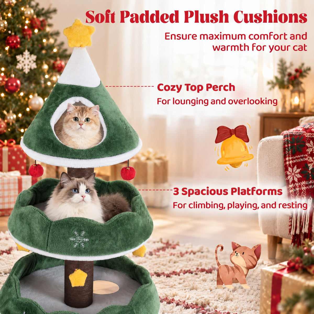 Airfind Multi-level Christmas Cat Tree with 3 Platforms and Upholstered Top Perch, 33 lbs Capacity, 27.5in x 70.5in Base Footprint, Multicolor