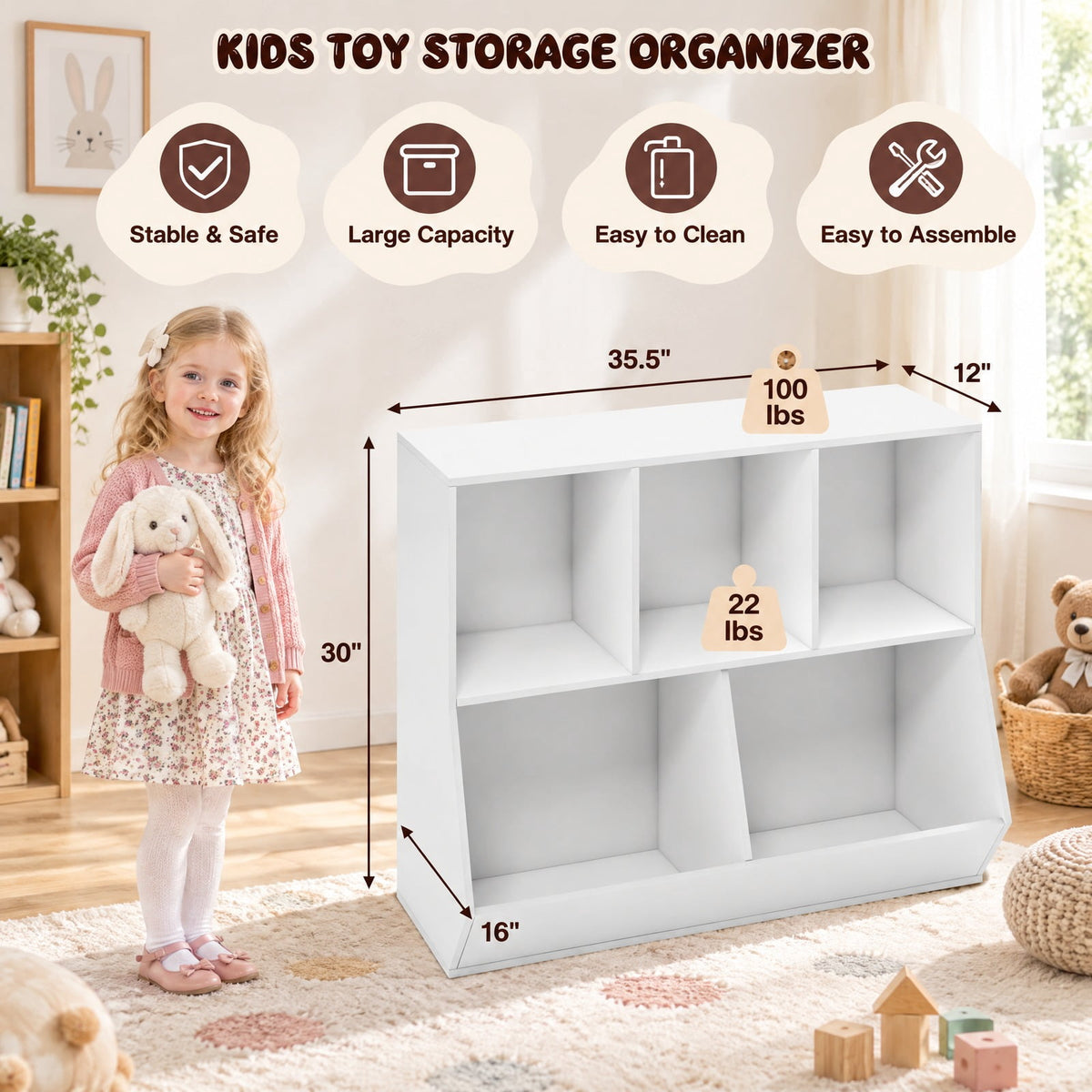 Airfind 5-Cube Wooden Kids Toy Storage Organizer with Anti-Tipping Kits, 110 lbs Capacity, MDF Engineered Wood Frame, 35.5 Inch x 16 Inch x 30 Inch Footprint