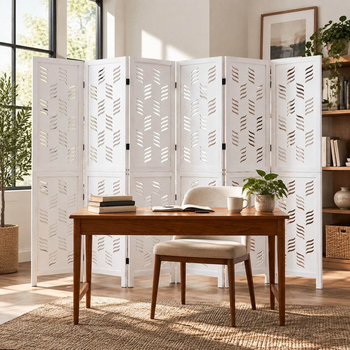 Airfind 5.5 FT Tall Room Divider 6 Panels with Wave Cutout and Paulownia Frame for Room, Paulownia Wood Metal Frame, 95in x 67in Footprint, White