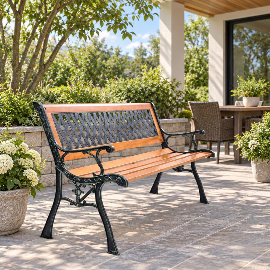 Airfind Outdoor Cast Iron Patio Bench, 463 lbs Capacity, Cast iron Frame, 49.5 x 20.5 x 29 Product weight: 30 lbs Footprint, Black + natural