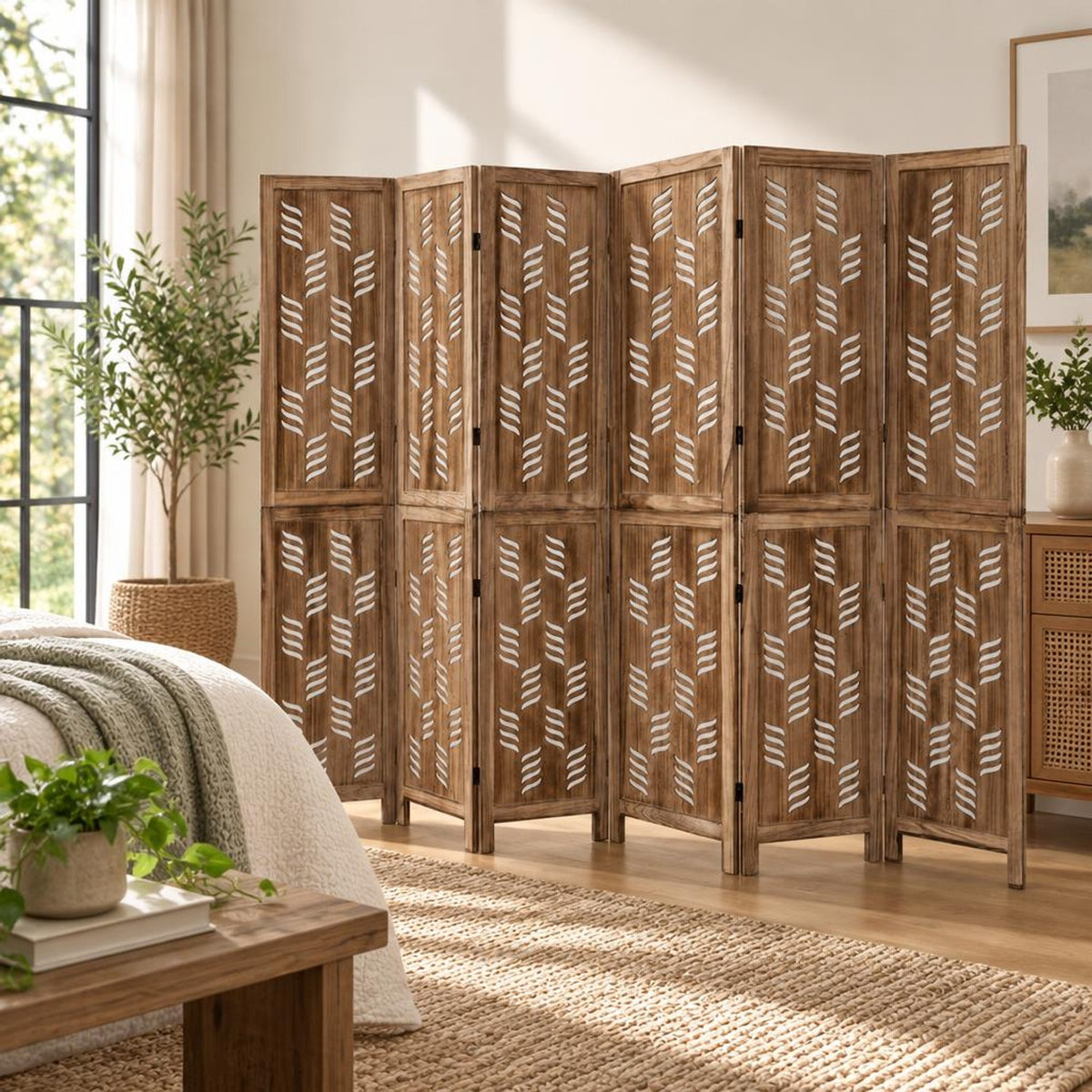 Airfind 5.5 FT Tall Room Divider 6 Panels with Wave Cutout and Paulownia Frame for Room, Paulownia Wood Metal Frame, 95in x 67in Footprint, Brown