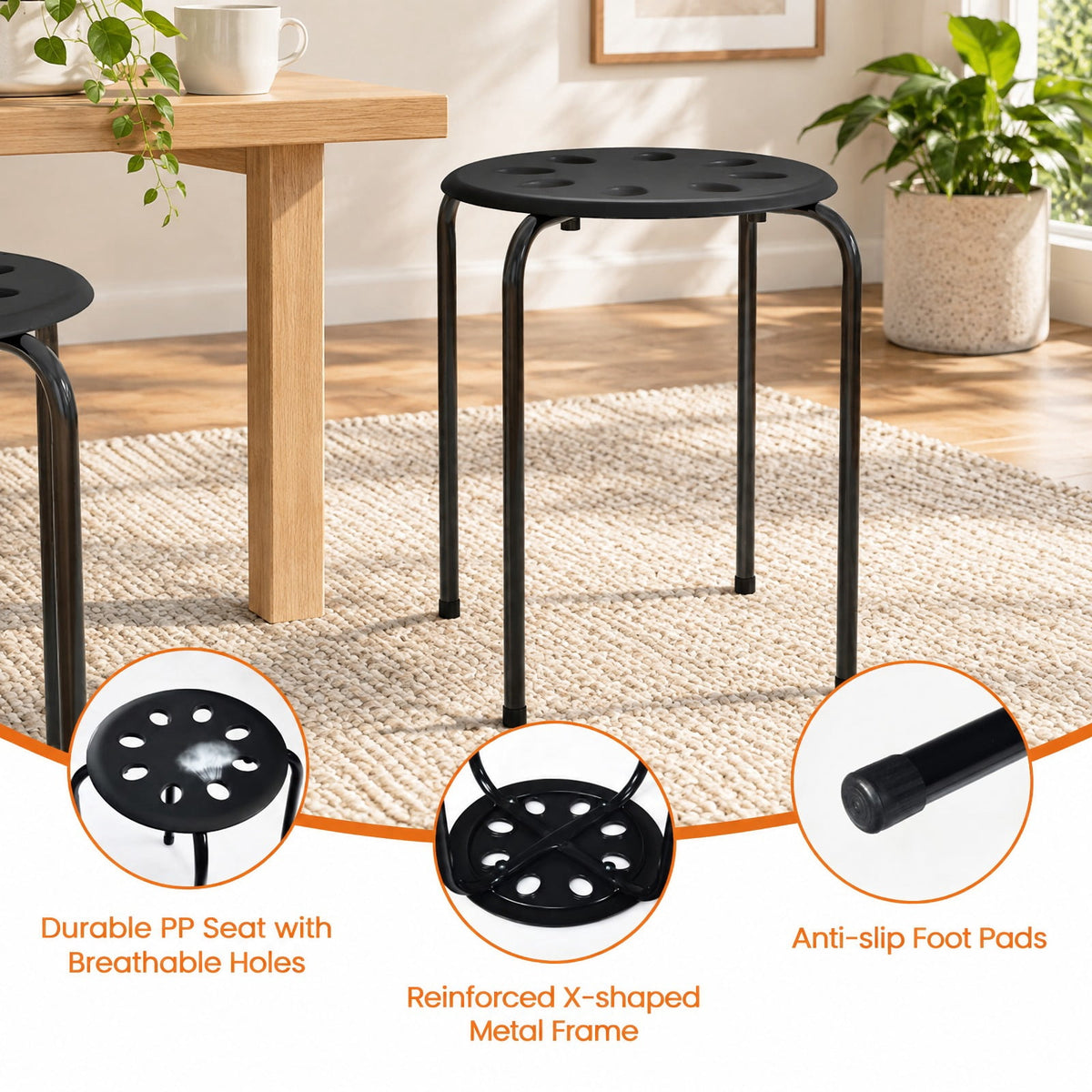 Airfind Set of 6 Portable Plastic Stack Stools, 220 lbs Capacity, Steel Frame, 14.5 x 14.5 x 17.5 Footprint, Black