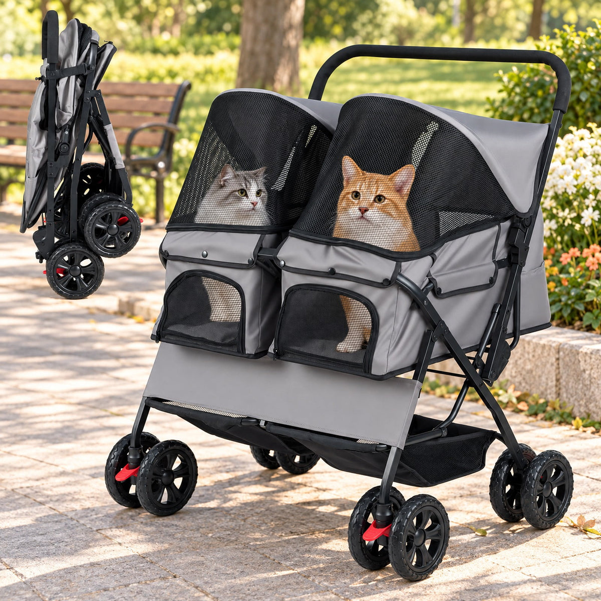 Airfind Foldable Double Pet Stroller with Adjustable Sunshade and Storage Basket, Aluminium Alloy Oxford Fabric PP EVA Frame, Gray