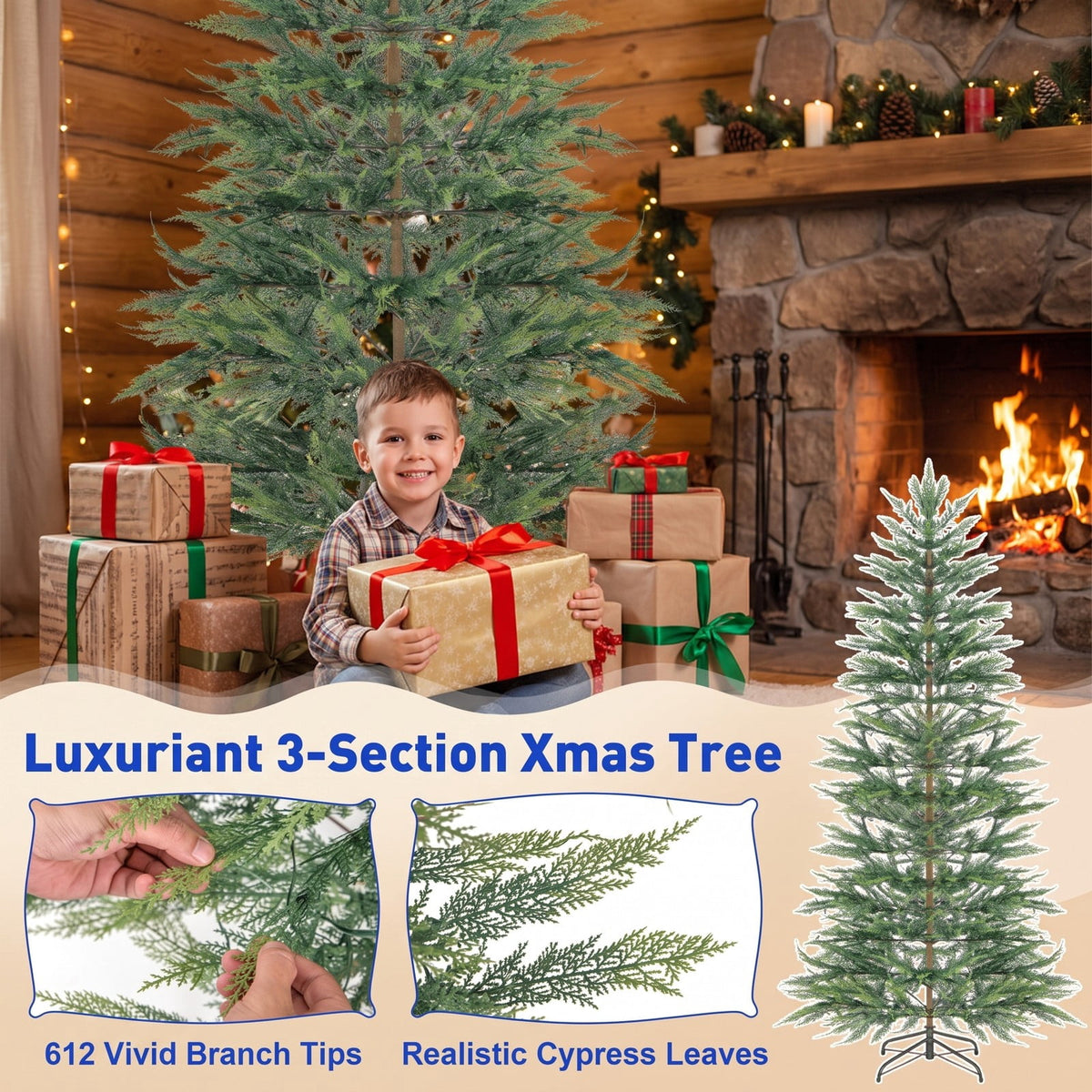 Airfind 6.5/7.5 Feet Artificial Cypress Christmas Tree Pre-lit Hinged-7.5 ft, PE Metal Tree Height 6.5 ft/7.5 ft Tree Width 4 ft Frame, Green