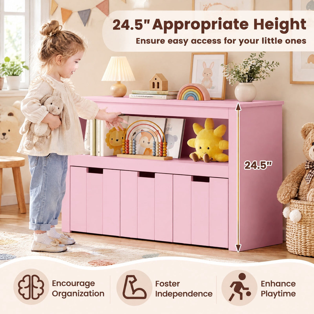 Airfind Kid Toy Storage Cabinet Drawer Chest with Wheels and Large Storage Cube Shelf, 110 lbs Capacity, MDF Frame, Pink