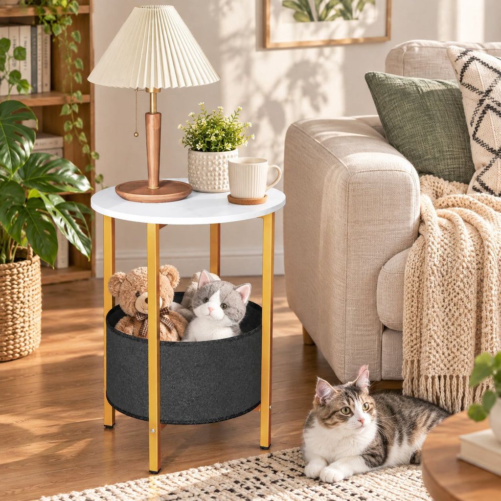 Airfind Round End Table 2-Tier Side Table with Removable Fabric Basket and Metal Frame, 44 lbs Capacity, Metal Engineered Wood Felt Frame, White