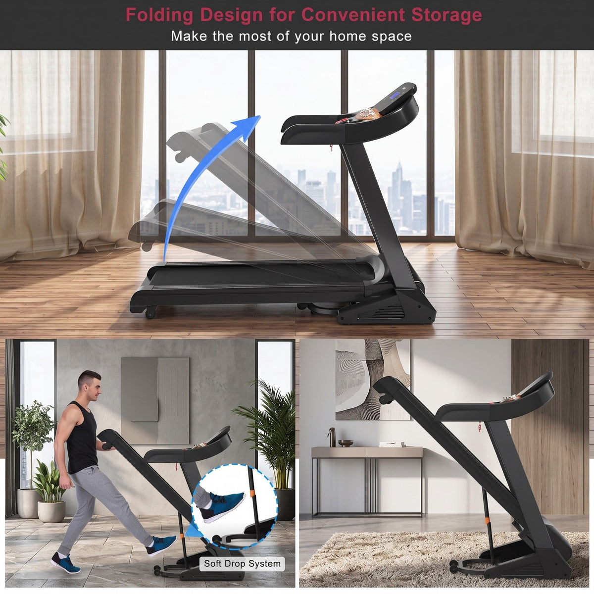 Airfind 3.75HP Folding Treadmill for Home, Electric Running Machine with Auto Incline, 12 Programs, App Control and Wide Running Belt, Black