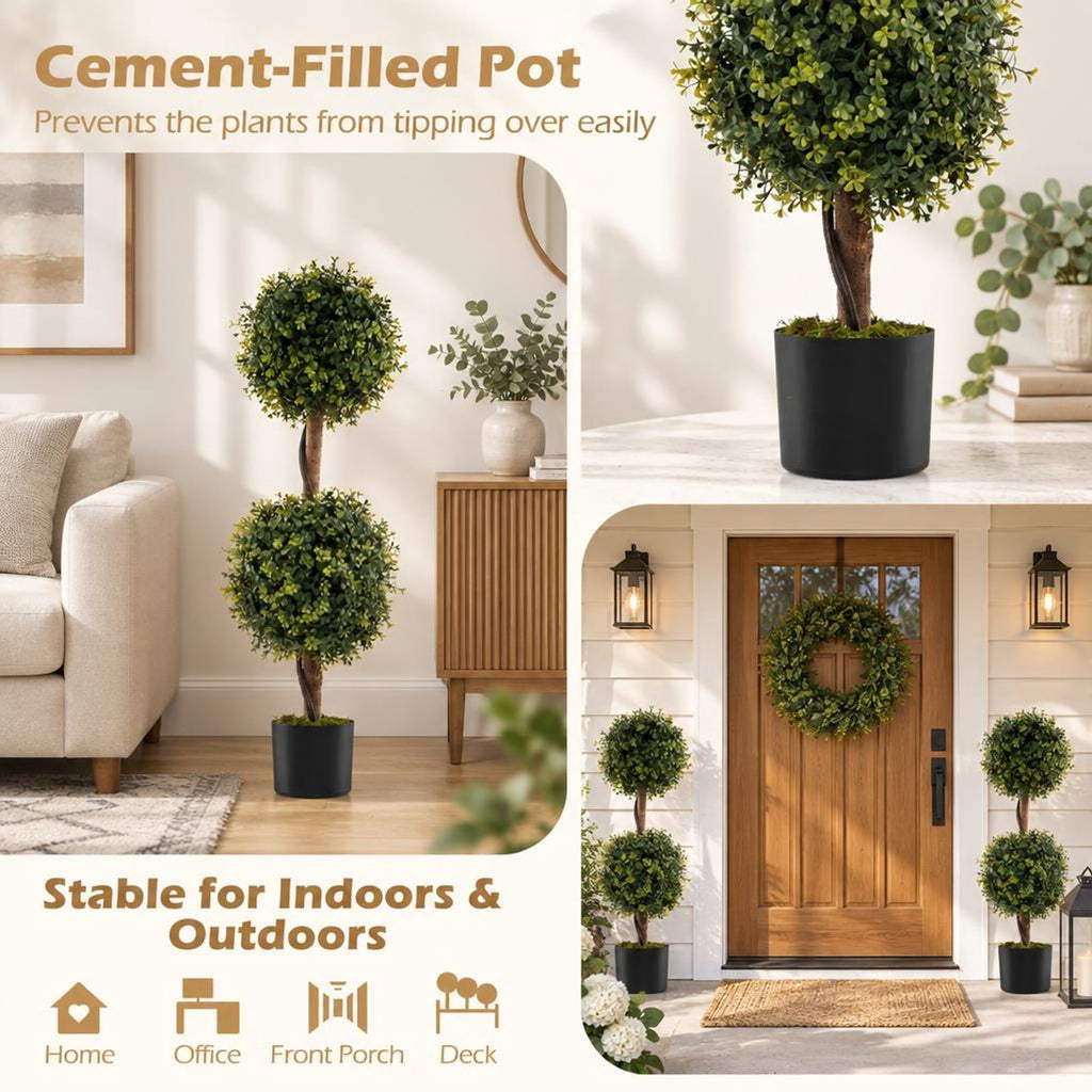 Airfind Set of 2 Artificial Double Topiary Ball Trees, PE Birch Wood Natural Moss PP Cement Overall Height 35.5 Frame, Green