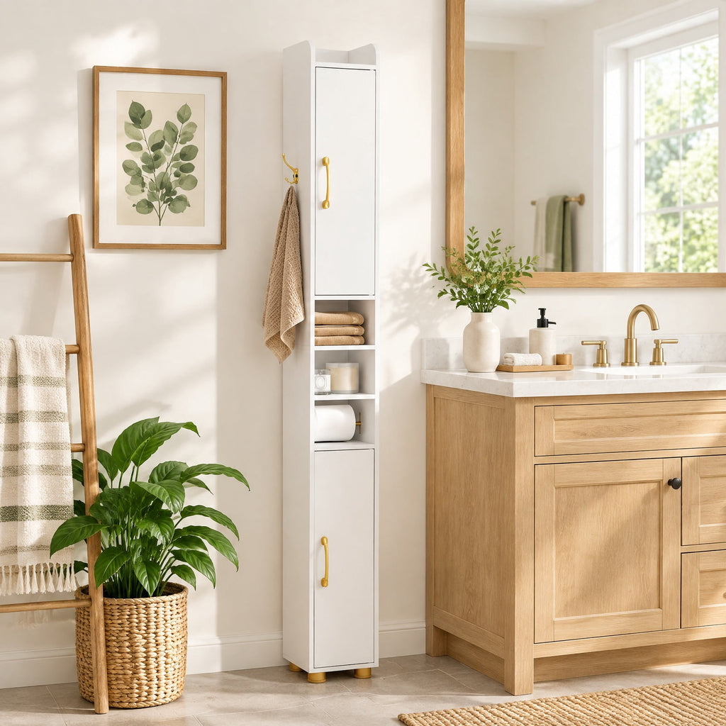 Airfind Narrow Bathroom Storage Cabinet featuring Open Shelves and Toilet Paper Holder, 11 lbs Capacity, Engineered Wood Metal Plastic Frame, White