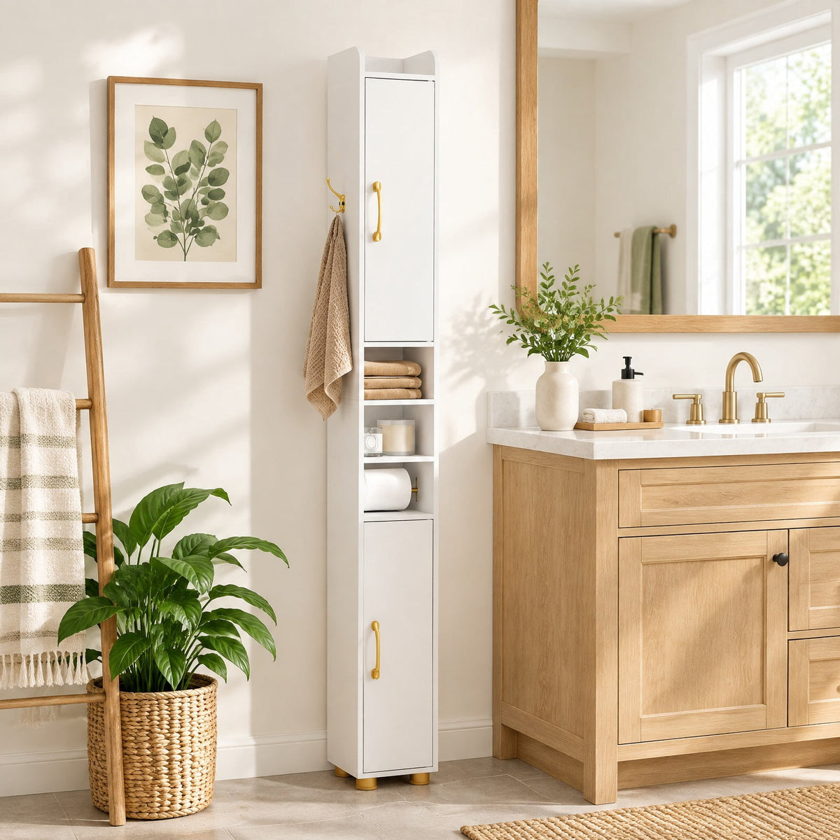 Airfind Narrow Bathroom Storage Cabinet featuring Open Shelves and Toilet Paper Holder, 11 lbs Capacity, Engineered Wood Metal Plastic Frame, White