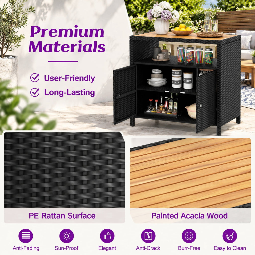 Airfind Rattan Storage Cabinet with Acacia Wood Countertop for Poolside Deck and Patio, 100 lbs Capacity, PE Rattan Acacia Wood Metal Frame, Black