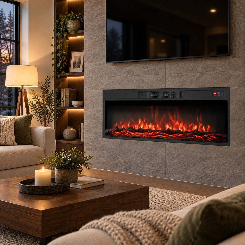 Airfind 36 Inch Recessed Electric Fireplace Heater with Adjustable Flame Colors and Brightness, Metal Tempered Glass 36 inch Frame, Black