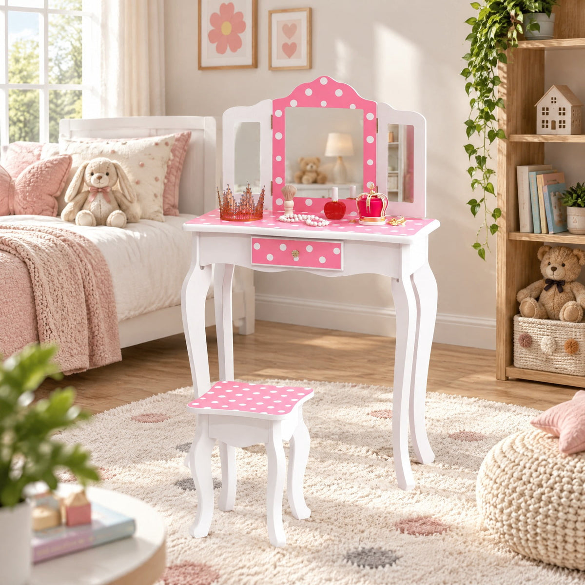 Airfind Princess Pretend Play Makeup Dressing Table with Cute Polka Dot Print, 66 lbs Capacity, MDF Acrylic Frame, for 3-7 Years Old, Pink