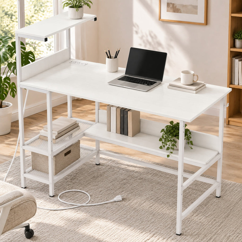 Airfind 48 Inch Computer Desk with Power Outlets and Storage Shelves, 88 lbs Capacity, Engineered Wood Metal Frame, 48 Inch x 23 Inch x 43.5 Inch Footprint