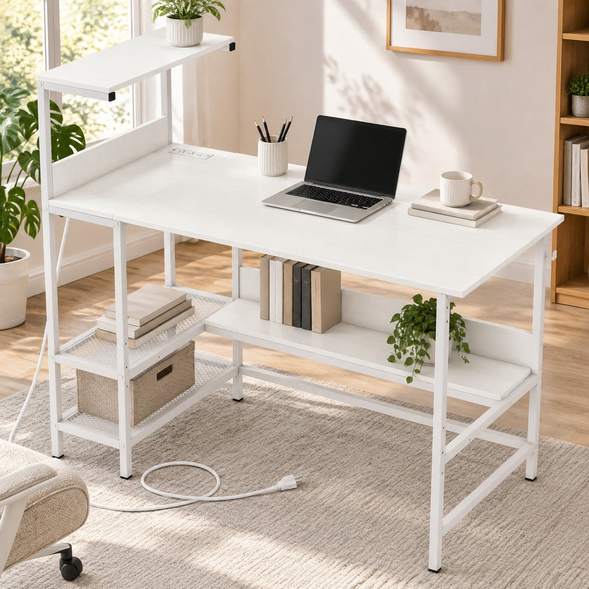 Airfind 48 Inch Computer Desk with Power Outlets and Storage Shelves, 88 lbs Capacity, Engineered Wood Metal Frame, 48 Inch x 23 Inch x 43.5 Inch Footprint
