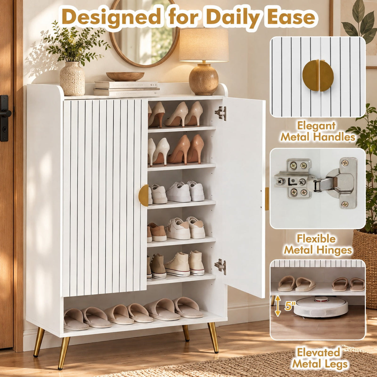 Airfind 44in Tall Shoe Storage Cabinet with 7-Tier Doors and Adjustable Shelves for Entryway, 110 lbs Capacity, Engineered Wood Metal Frame, White