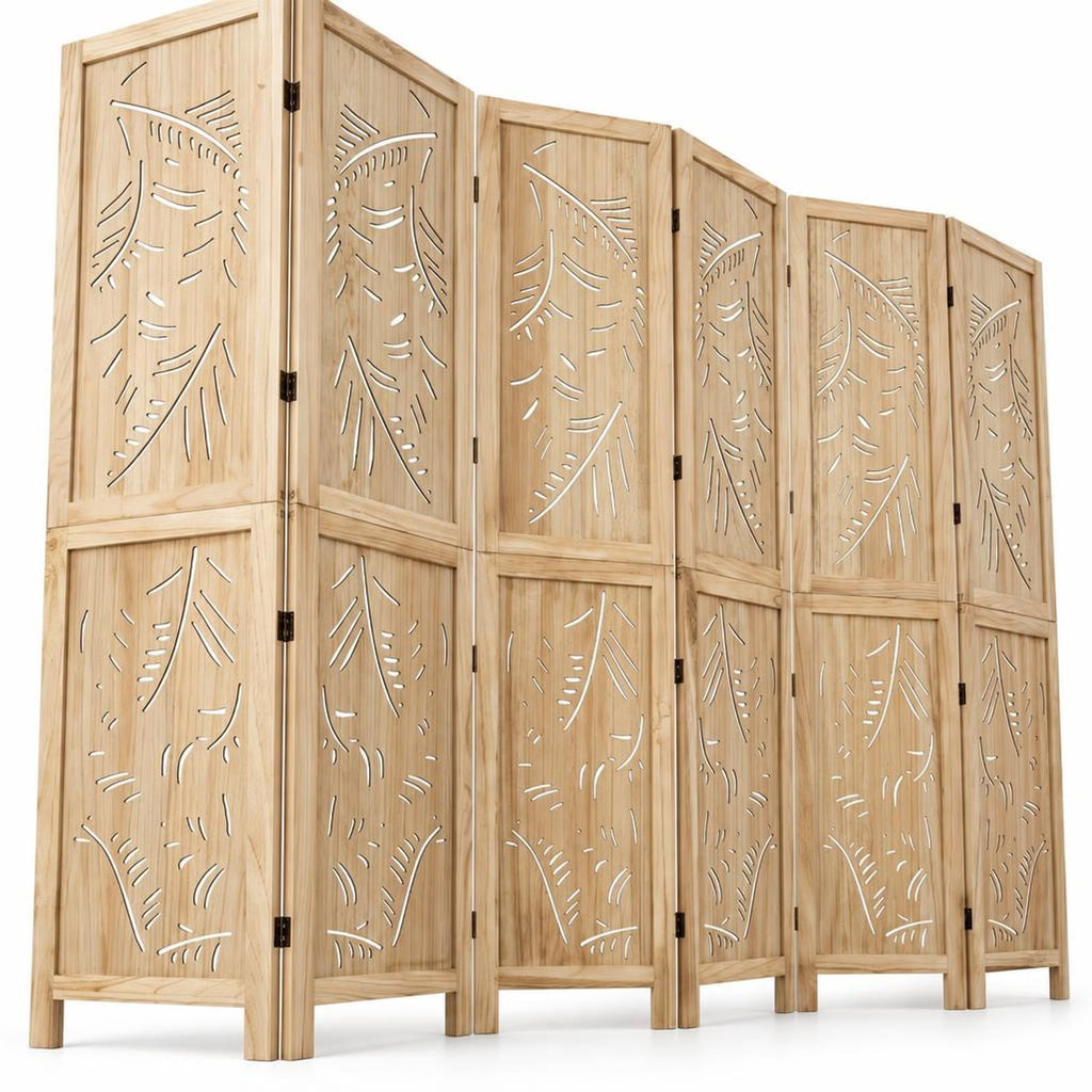 Airfind 6-Panel Wooden Room Divider with Palm Leaf Design and Paulownia Frame for Home, 67in x 16in x 5in Footprint, Natural