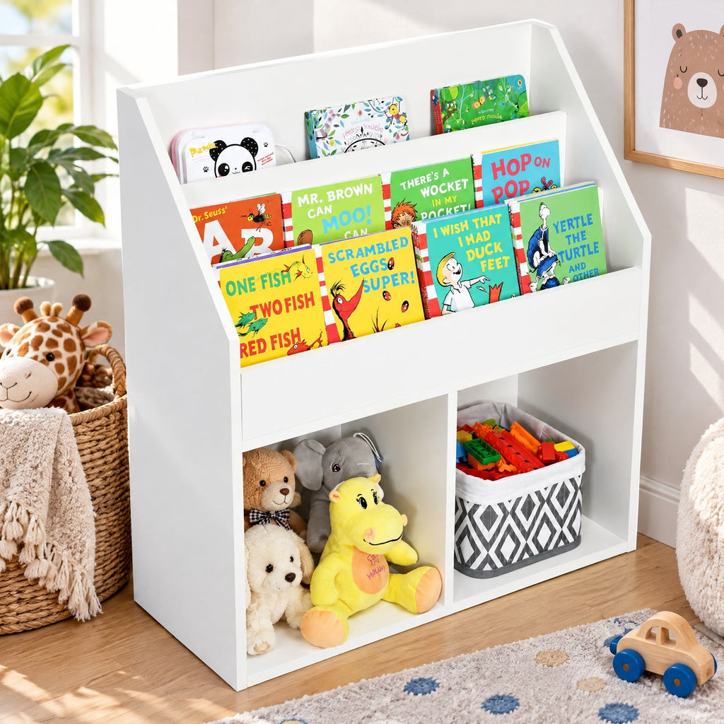 Airfind Kids Wooden Bookshelf Bookcase Children Toy Storage Cabinet Organizer, Engineered wood Frame, 29in x 12in x 32in Footprint, White