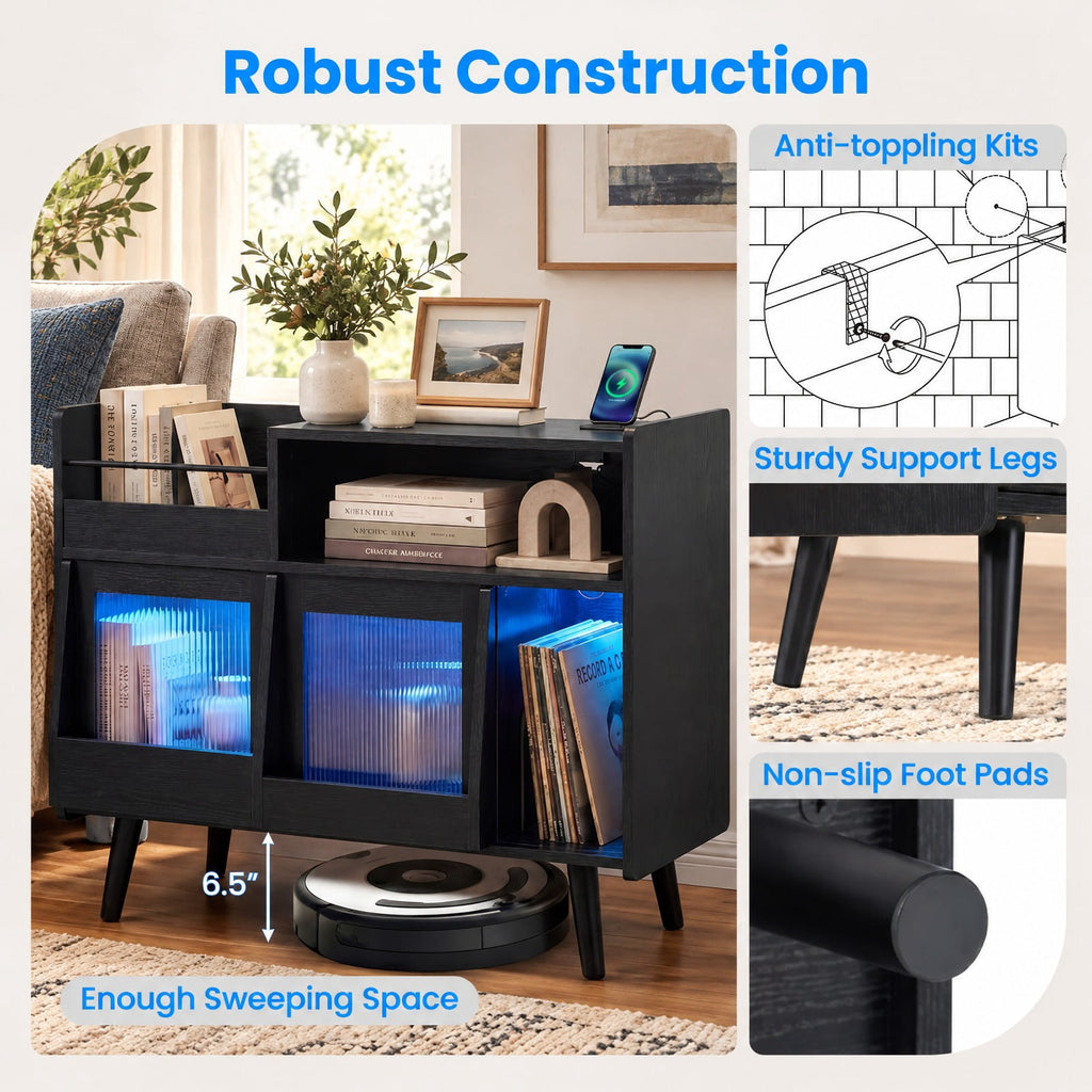 Airfind Record Player Stand with LED Light and Power Outlets, 66 lbs Capacity, PC board Plastic