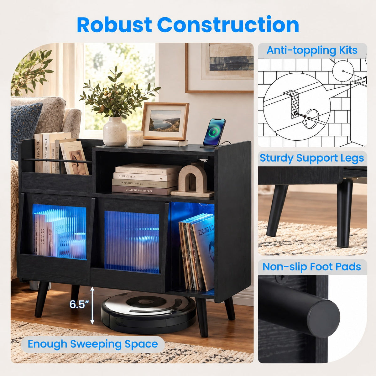Airfind Record Player Stand with LED Light and Power Outlets, 66 lbs Capacity, PC board Plastic