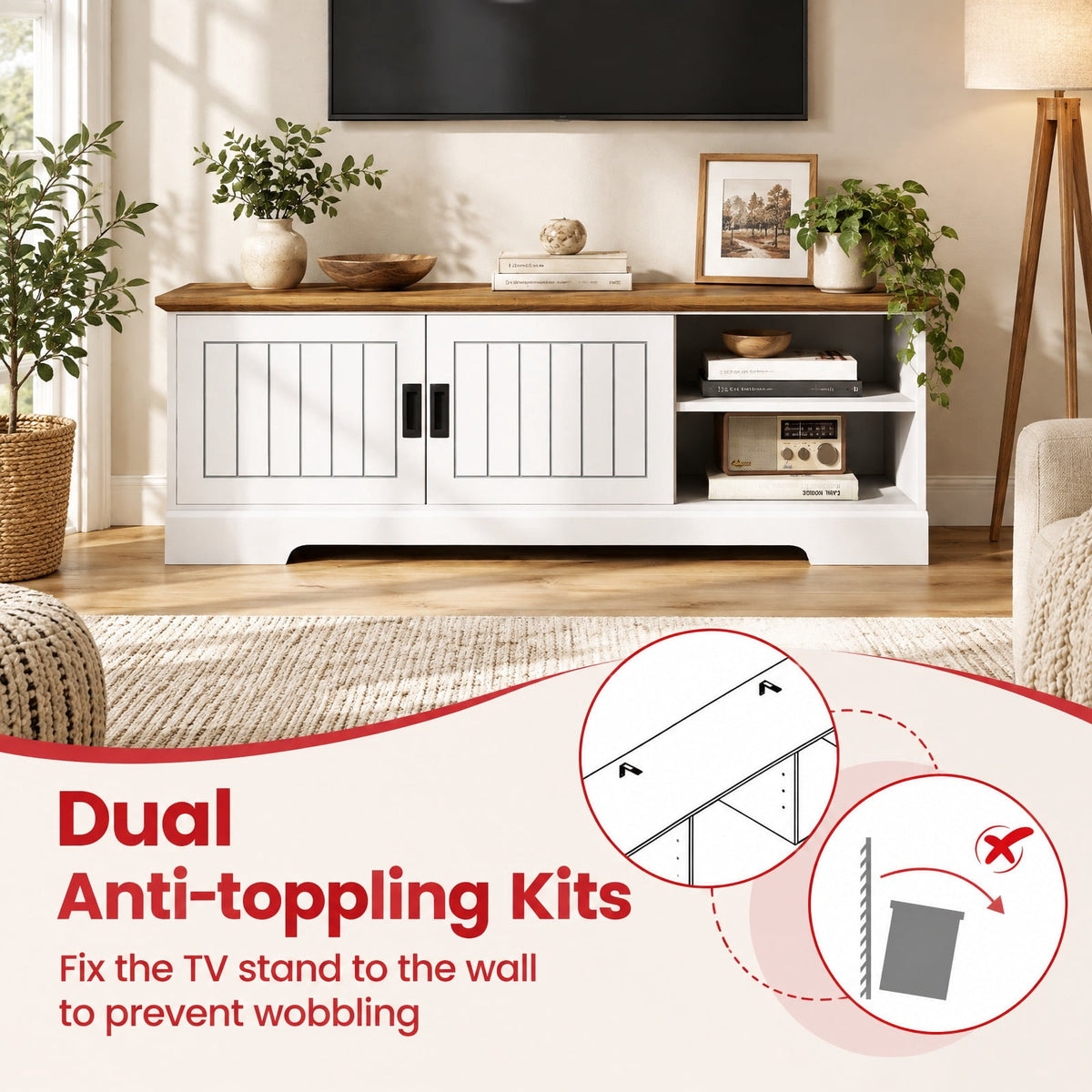 Airfind Farmhouse TV Stand for TVs up to 65 Inch with Sliding Doors and Storage Cabinets, 88 lbs Capacity, Engineered Wood MDF Frame, White