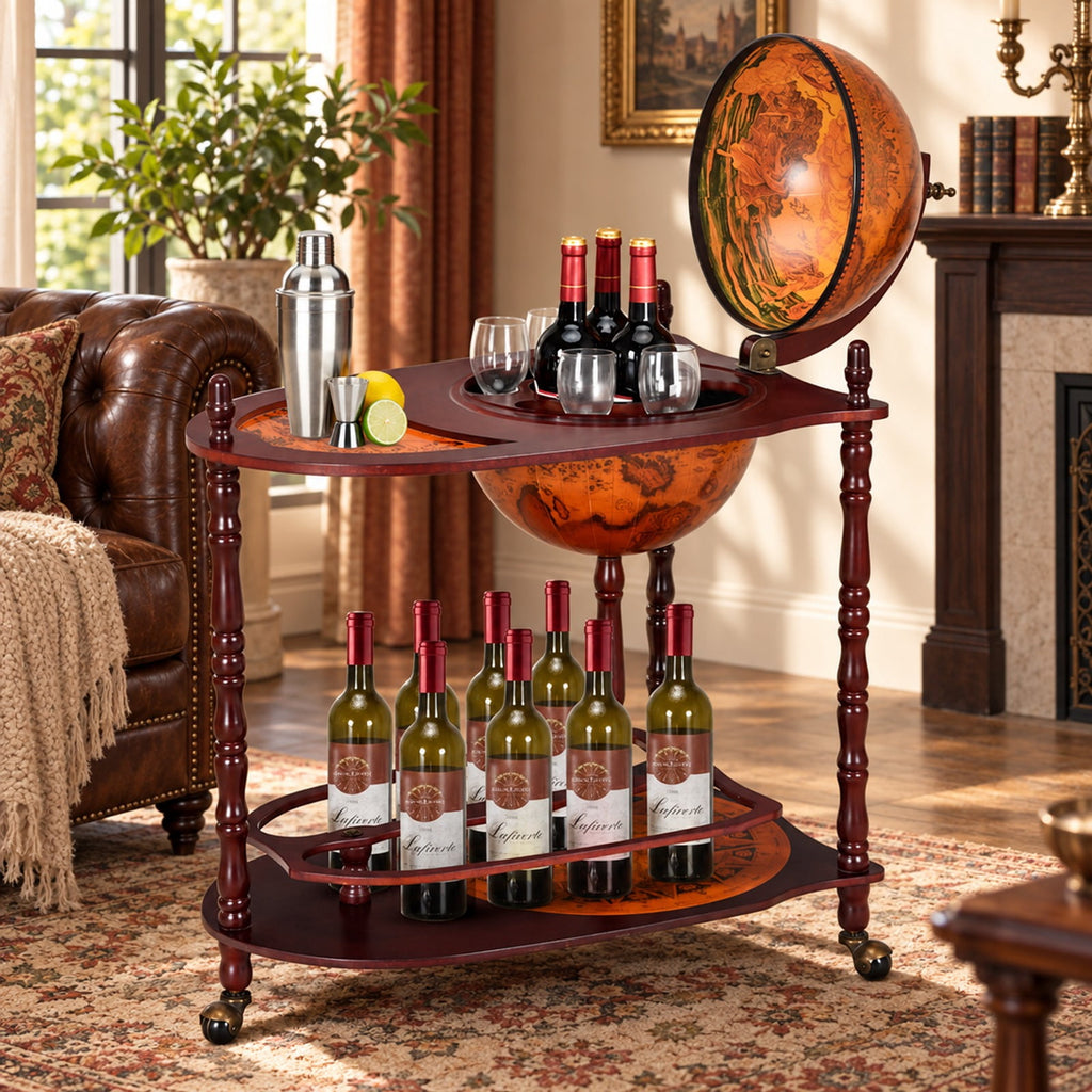 Airfind Vintage Globe Rolling Wine Bar Cart with Extra Shelf, Wood， plastic globe Assembly Frame, Brand new and high quality