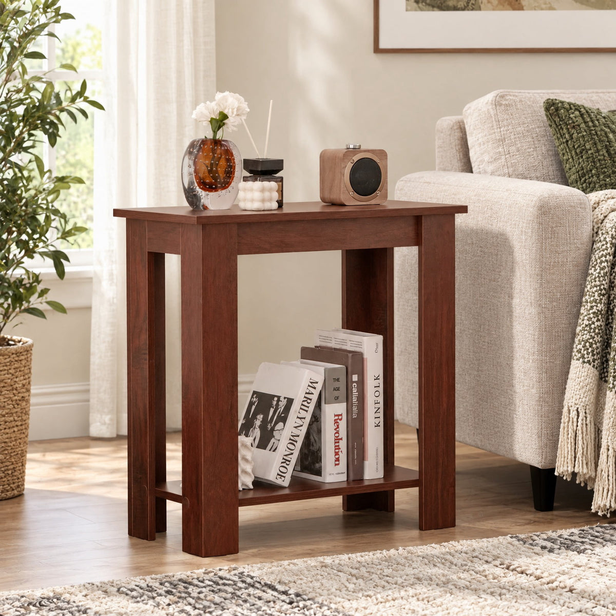 Airfind 2-Tier Modern Compact End Table with Storage Shelf, 110 lbs Capacity, Engineered Wood Frame, 23.5 x 12 x 24 Footprint, Brown