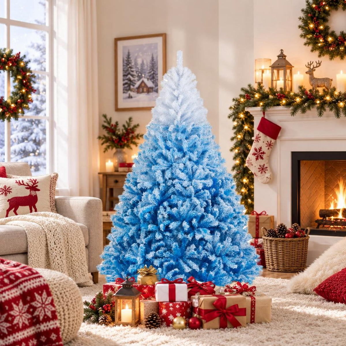 Airfind 2025 New Artificial Christmas Tree with 456 Branch Tips and Folding Metal Stand-7FT, Blue, Diameter of Stand 16 Inch 18 Inch 20 Inch 22 Inch