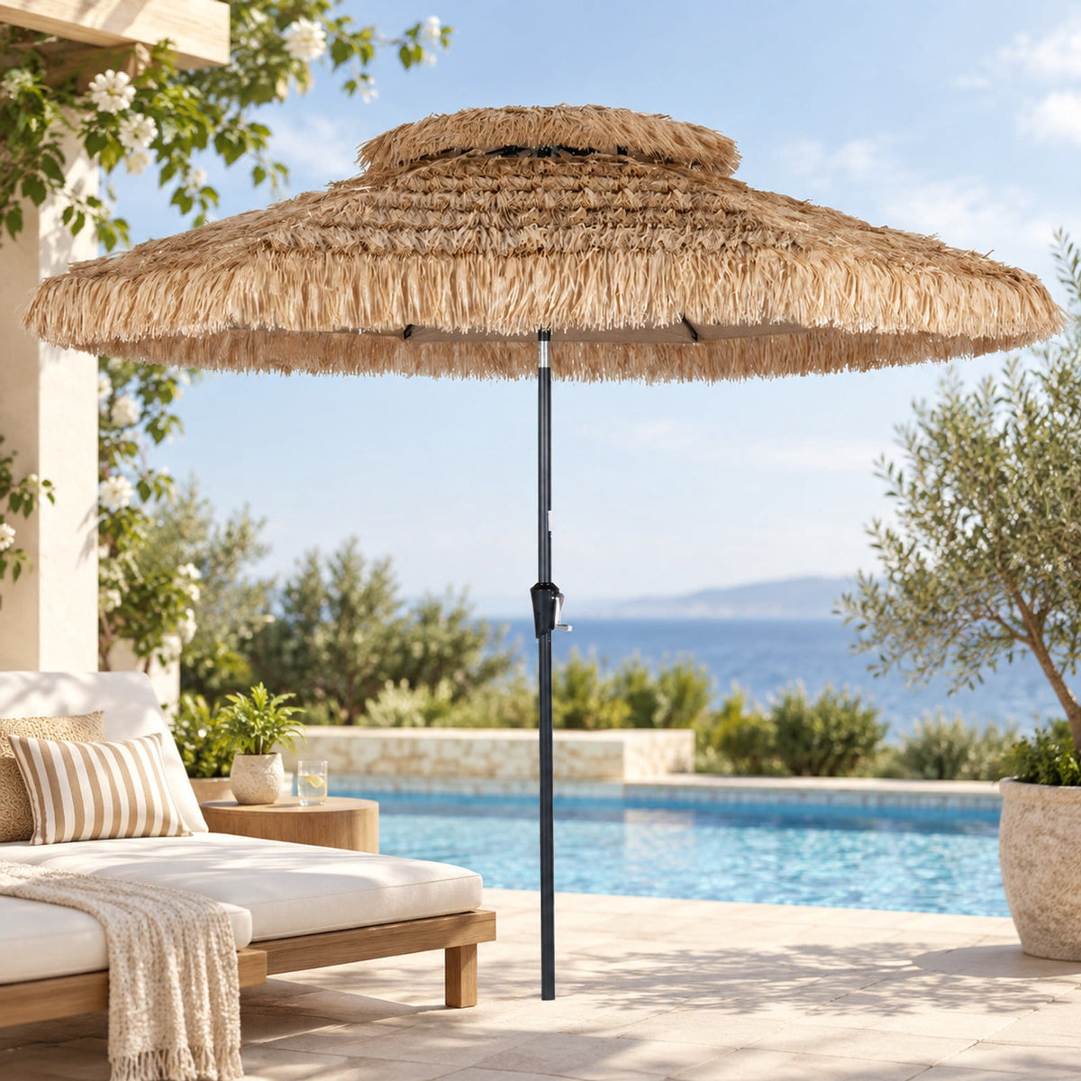 Airfind 10FT and 2-Tier Tiki Patio Umbrella with 8 Ribs, Polyester Fabric PE Metal External Frame, Brown