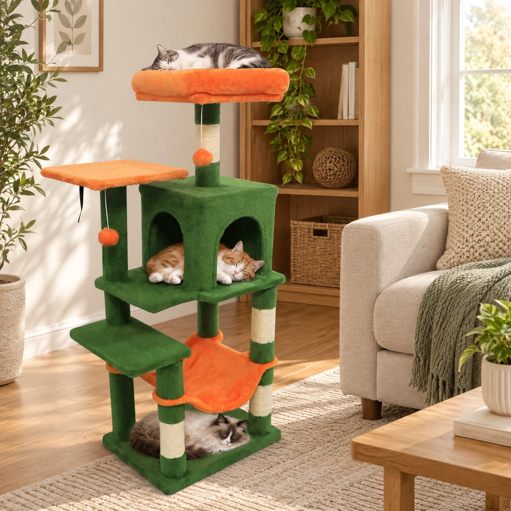 Airfind Multi-Level Cat Tower with 2-Door Condo and Padded Top Perch, PP Cotton Fabric Sisal Engineered Wood Overall Height 44 Base Frame, Green