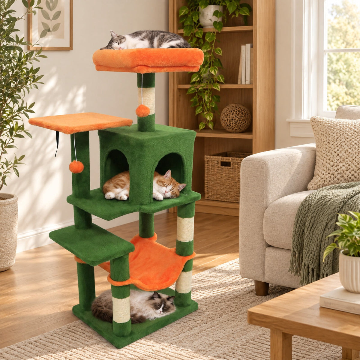 Airfind Multi-Level Cat Tower with 2-Door Condo and Padded Top Perch, PP Cotton Fabric Sisal Engineered Wood Overall Height 44 Base Frame, Green