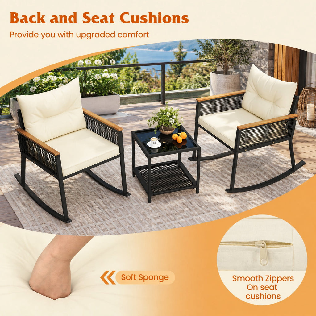 Airfind 3 Piece Outdoor PE Rattan Rocking Bistro Set with 2-Tier Coffee Table, Chair 400 lbs Capacity, 34.5 × 24.5 × 30.5 Footprint, White