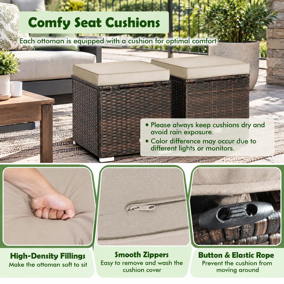 Airfind 2 Pieces Patio Ottoman with Removable Cushions, 350 lbs Capacity, Metal PE Rattan Sponge Polyester Frame, 16 x 16 x 15.5 Footprint, Brown