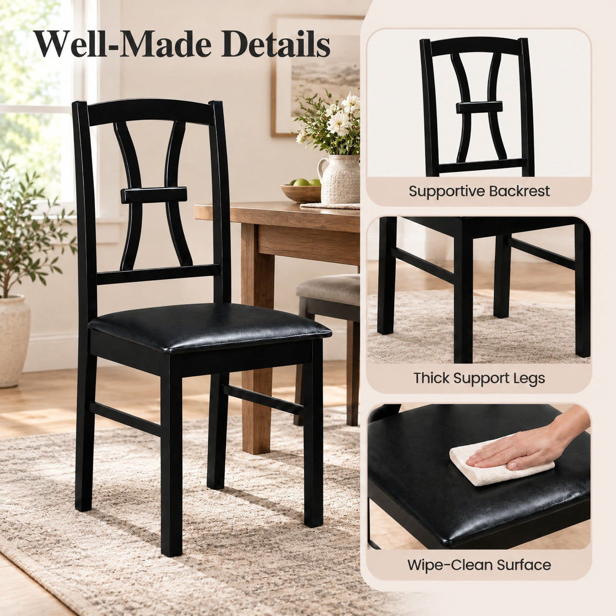Airfind Wooden Dining Chairs Set of 2 with Faux Leather Padded Seat for Kitchen, 400 lbs Capacity, Rubber Wood Frame, Black