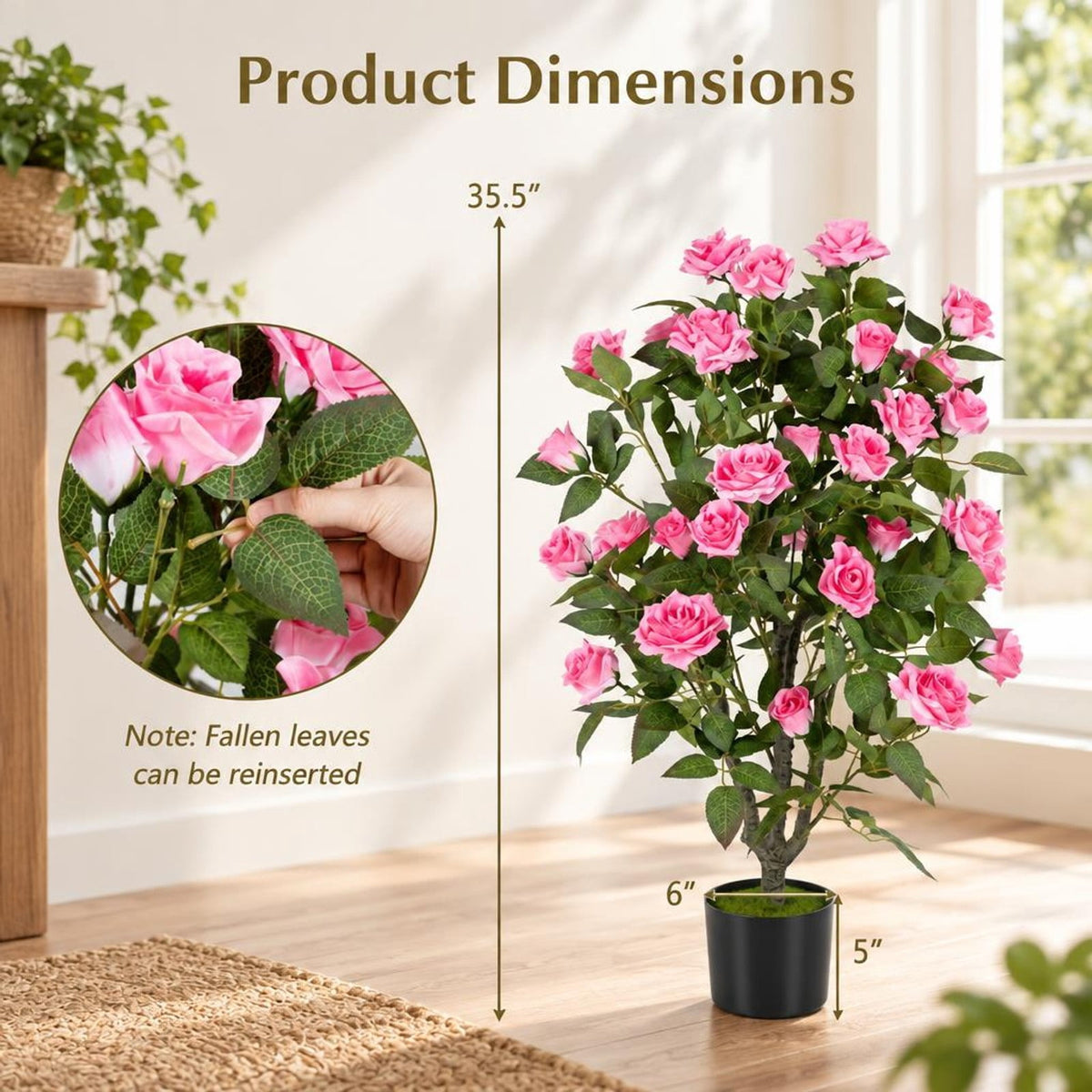 Airfind Set of 2 Artificial Rose Tree with Blooming Flowers and Green Leaves for Indoor, Silk Fabric Rubberized Fabric PE PP Tree Height 35.5 Frame