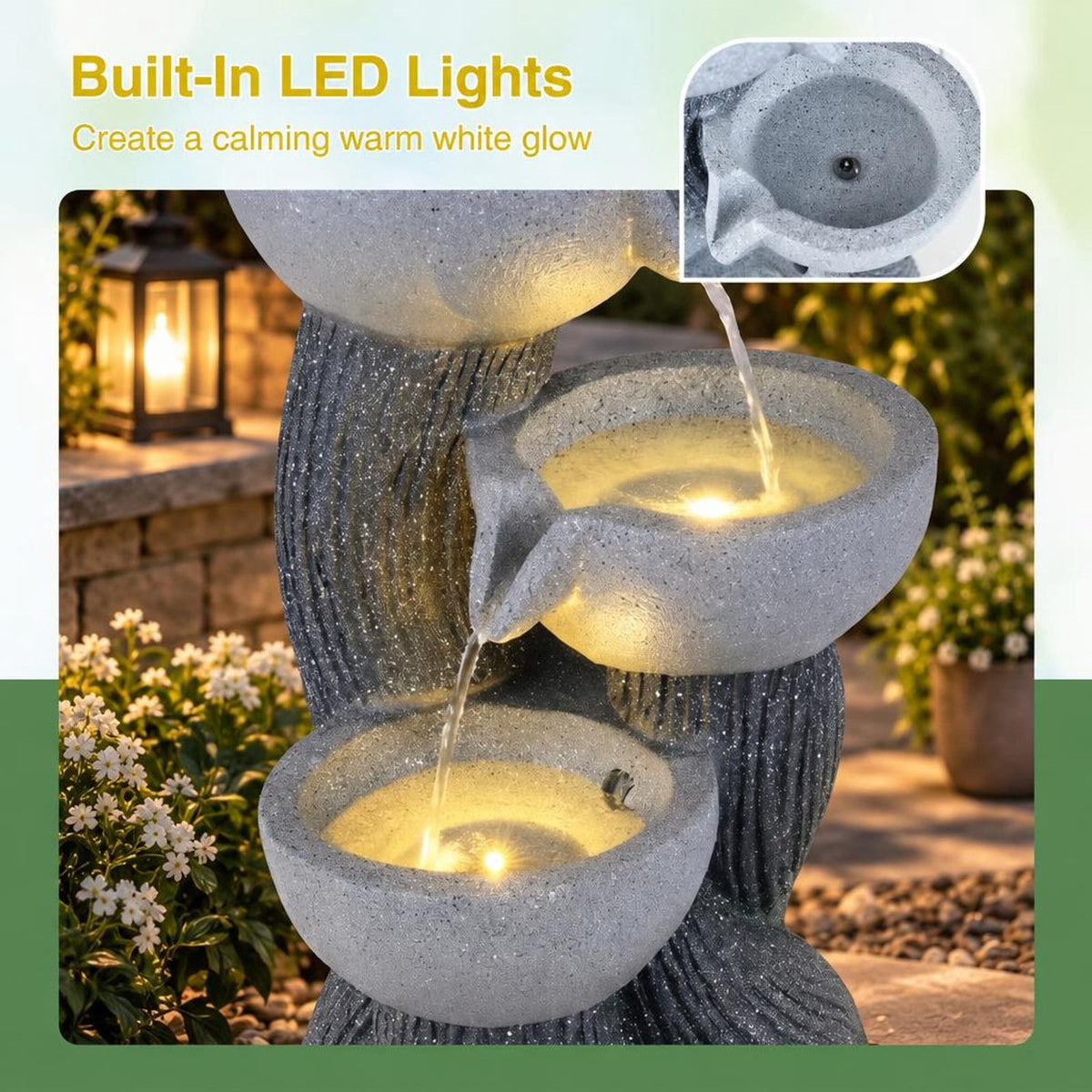 Airfind 3-Tier Outdoor Water Fountain with LED Lights 18.5 Inch H for Patio Deck, Resin Fiberglass Frame, Gray