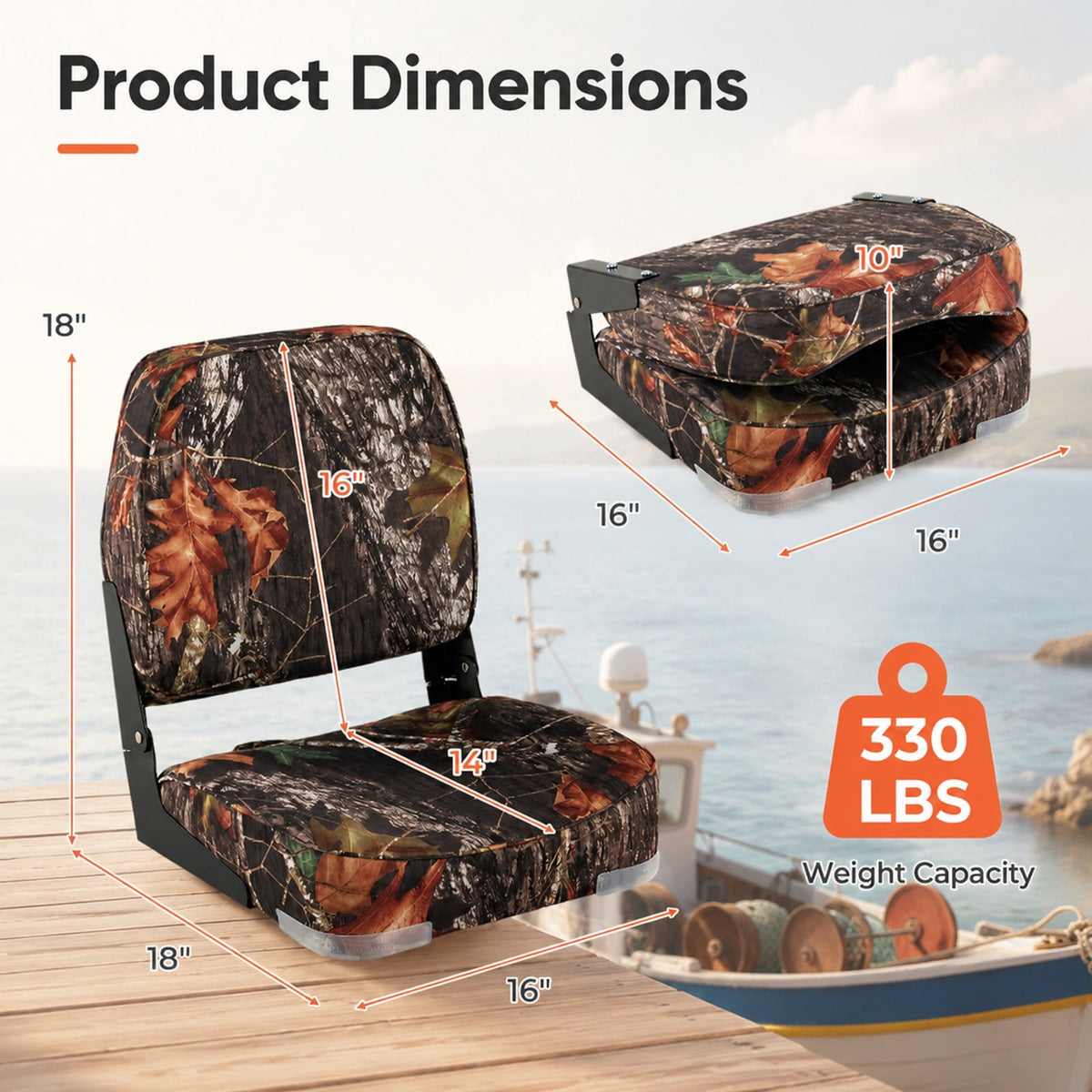 Airfind 2 Pack Folding Low Back Boat Seats with Cushioned PVC Leather and Aluminum Hinges for Fishing Boats and Marine Cabin Seating, Camouflage