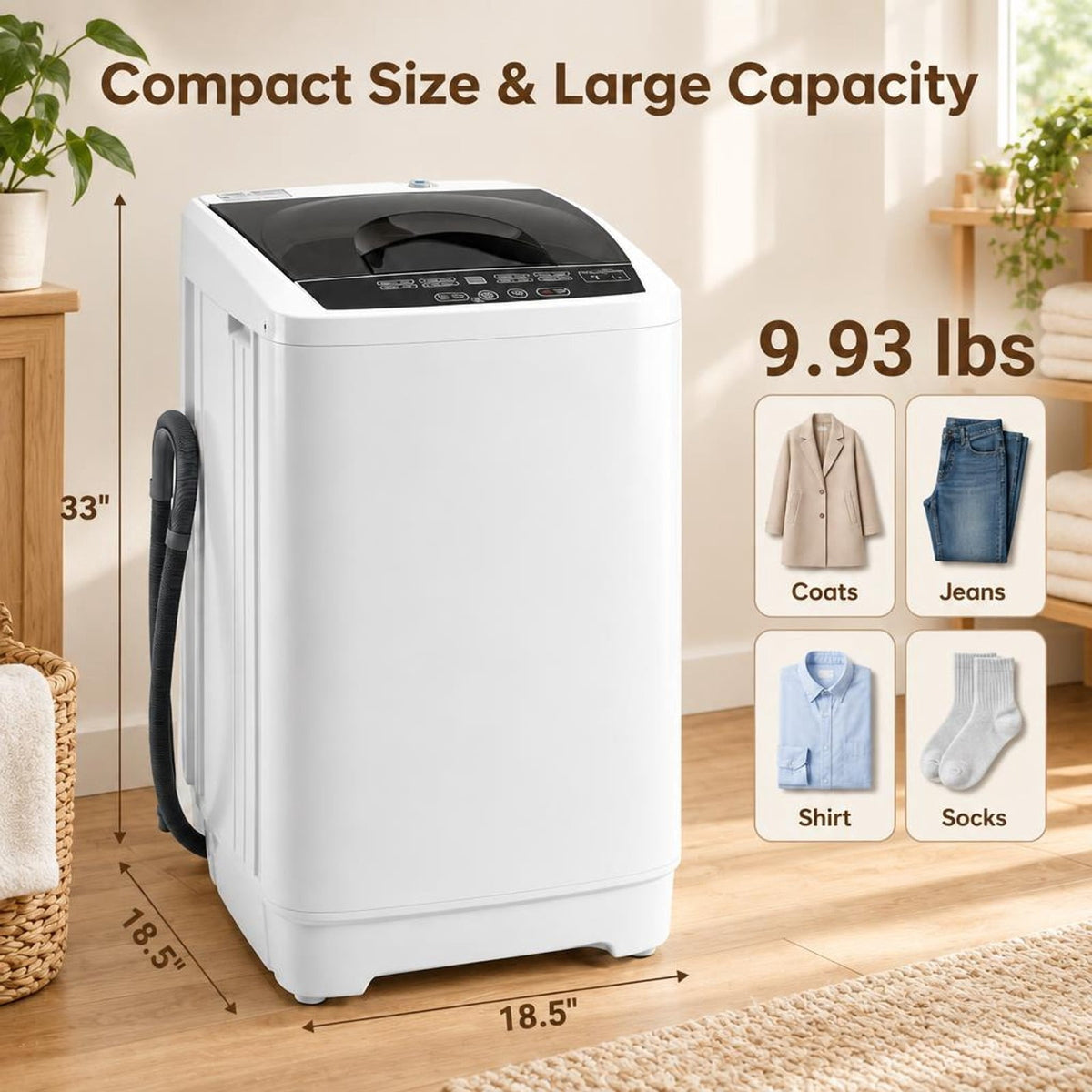 Airfind 9.93 lbs Full Automatic Washing Machine with 8 Preset Programs, Stainless Steel PP Frame, White