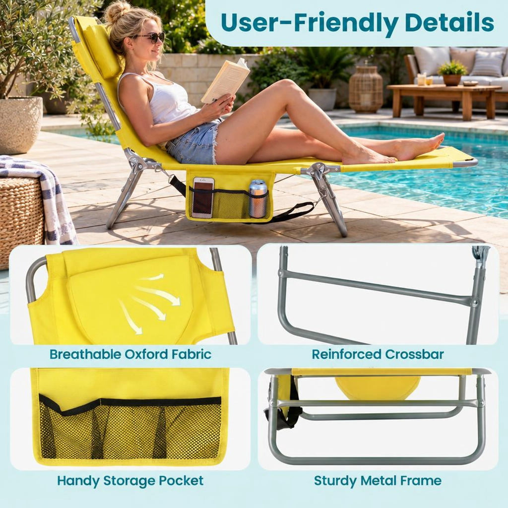Airfind Folding Beach Lounge Chair with Adjustable Backrest for Lawn, 330 lbs Capacity, Metal Oxford Fabric Polyester Sponge Frame, Yellow