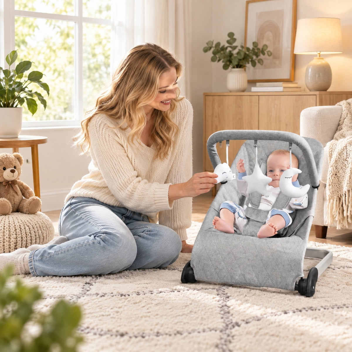 Airfind Foldable Baby Bouncer with Removable Fabric Cover and Toy Bar, 20 lbs Capacity, Fabric Aluminum Metal Frame, 19 x 21 x 20 Footprint, Gray